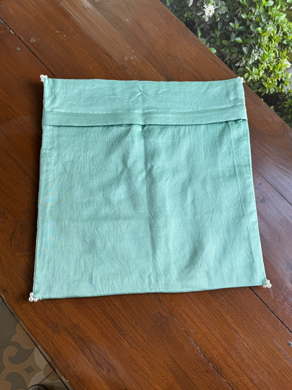 Sea Green Chanderi Cushion Cover with Chikankari & Daraz Appliqué