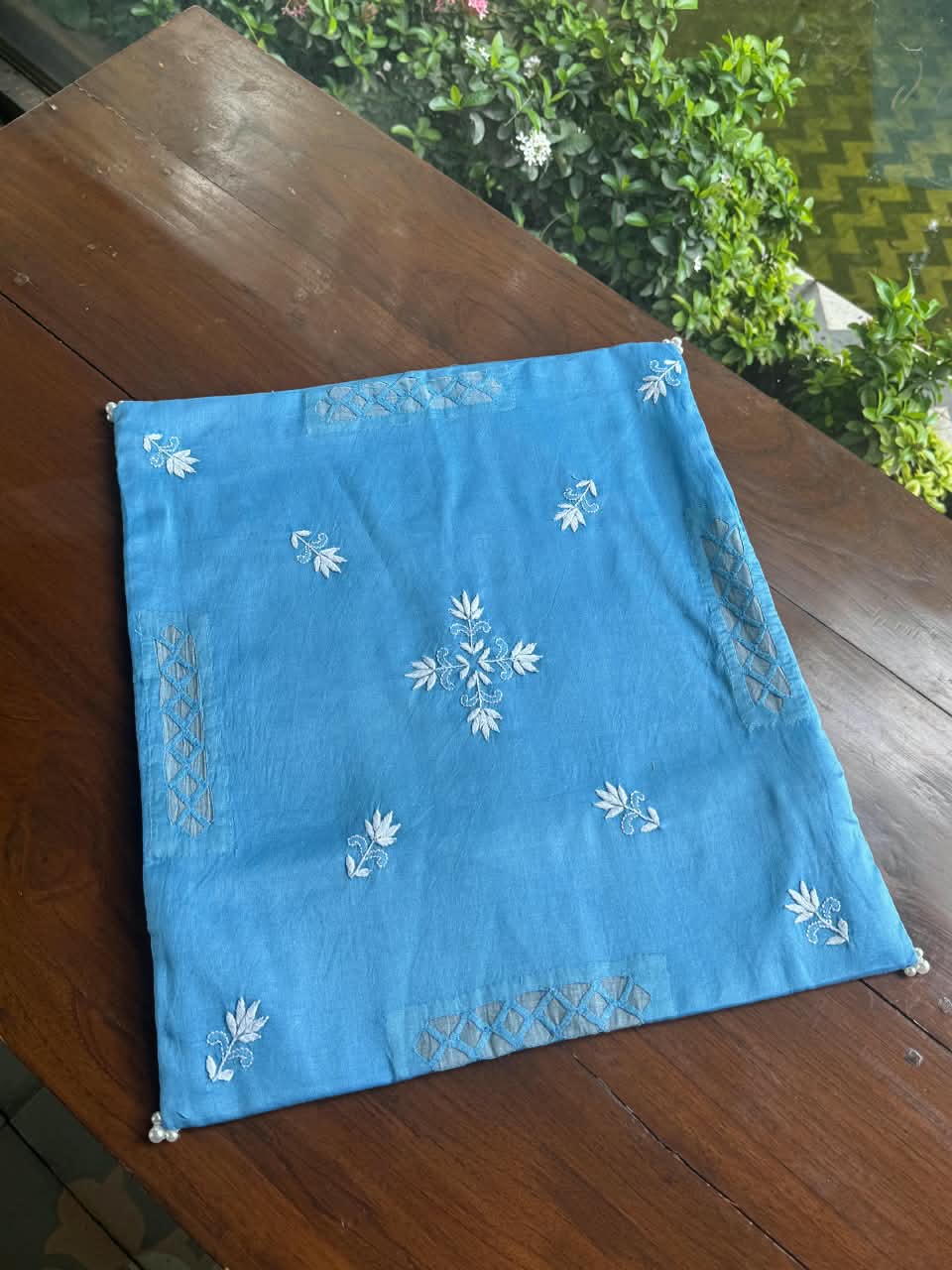 Denim Blue Chanderi Cushion Cover with Floral Embroidery