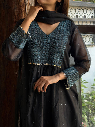 Black Sico (Silk Cotton) Chikankari Tux Kurta Set