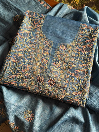 Premium Blue Tussar Silk Unstitched Kurta Dupatta Set with Multicolour Chikankari Embroidery