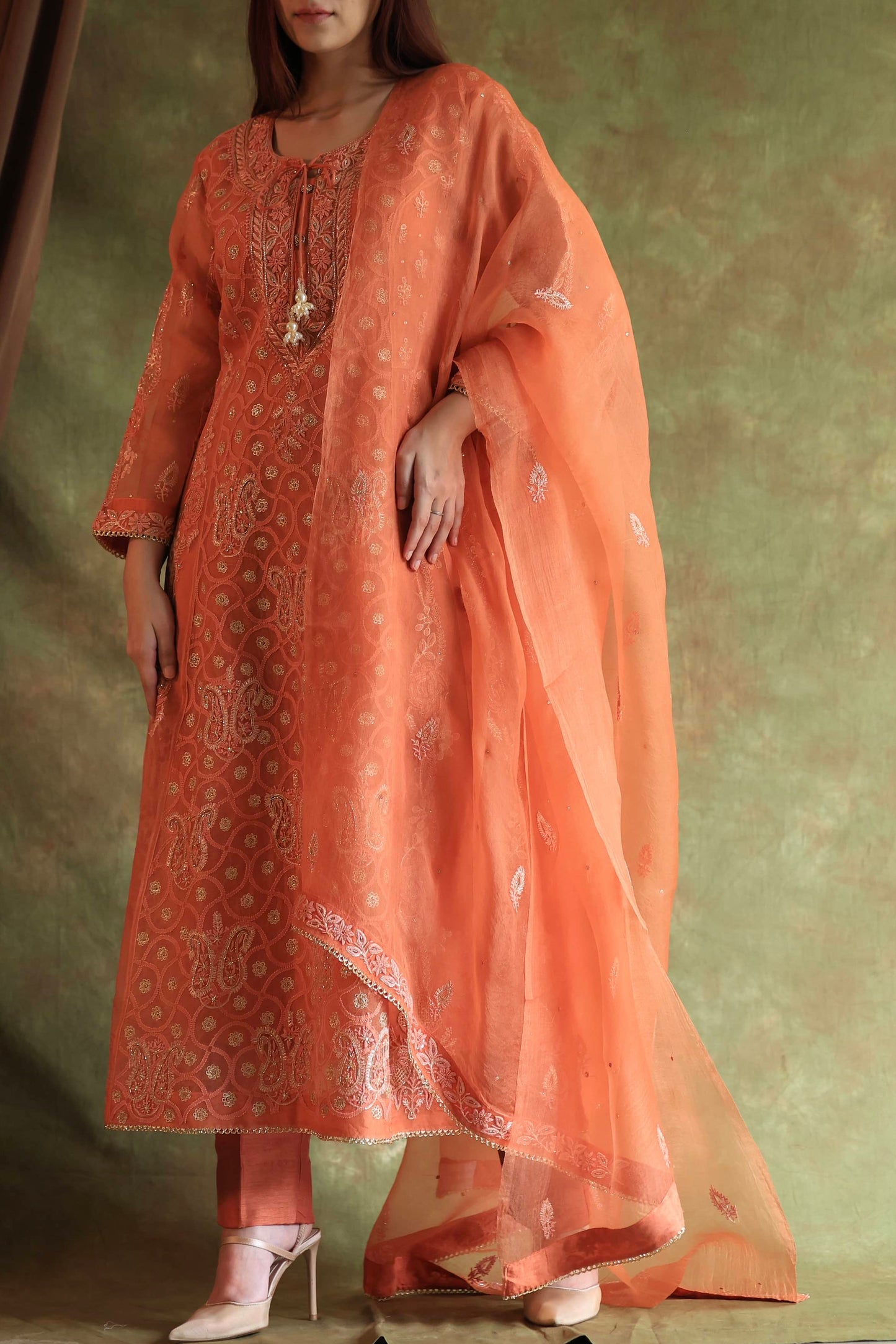 Orange Salmon Noor Organza Chikankari Anarkali With Dupatta