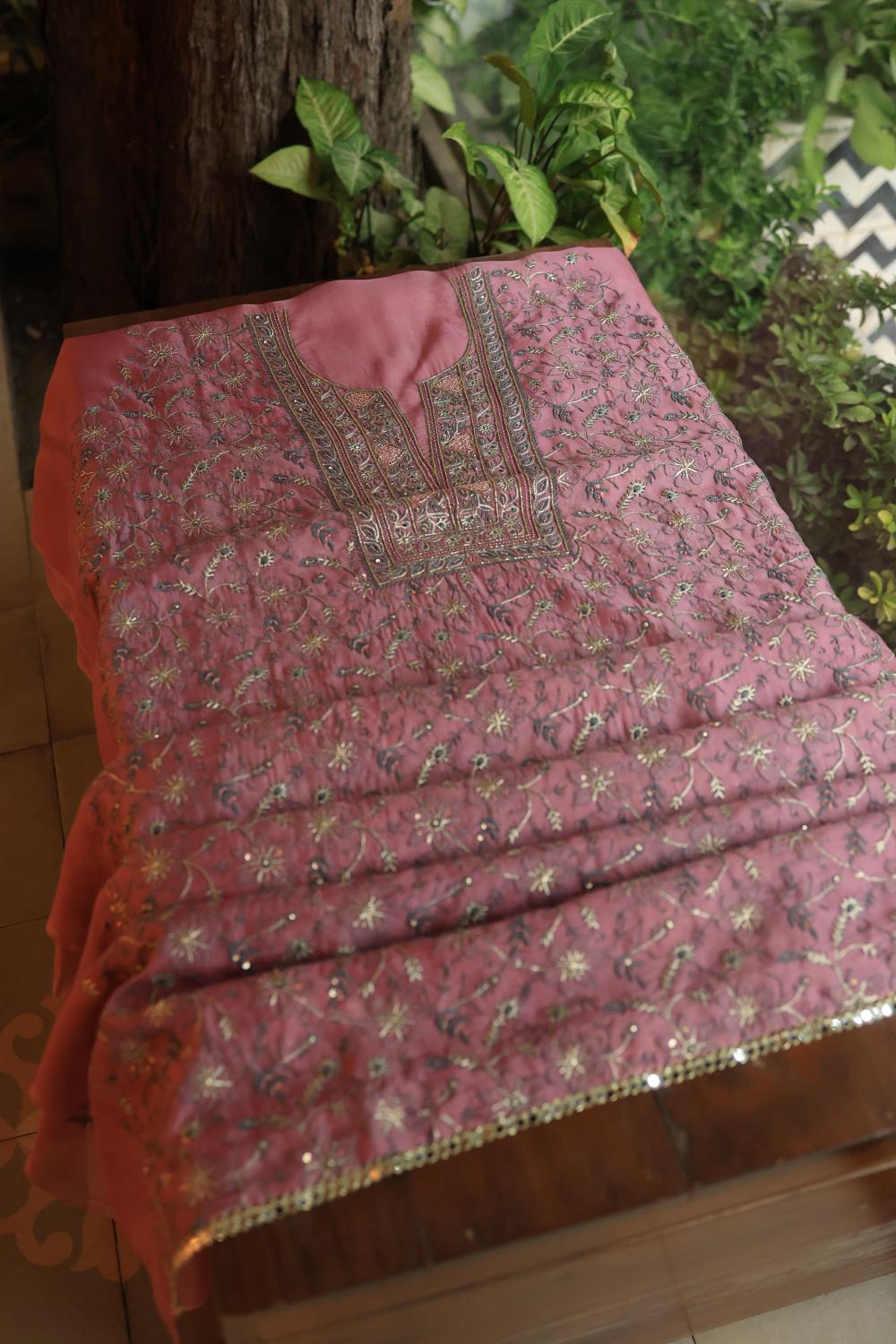 Dusty Lavender Noor Organza Silk Chikankari Unstitched Kurta Dupatta Set