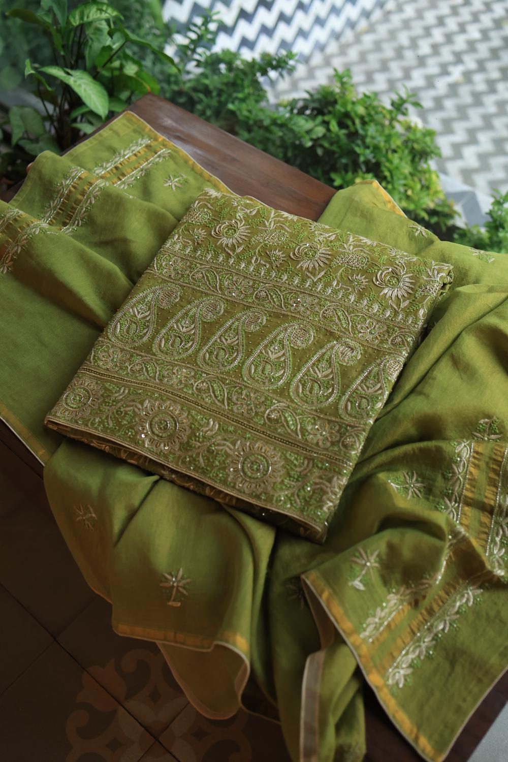 Green Tissue Silk Unstitched Fabric