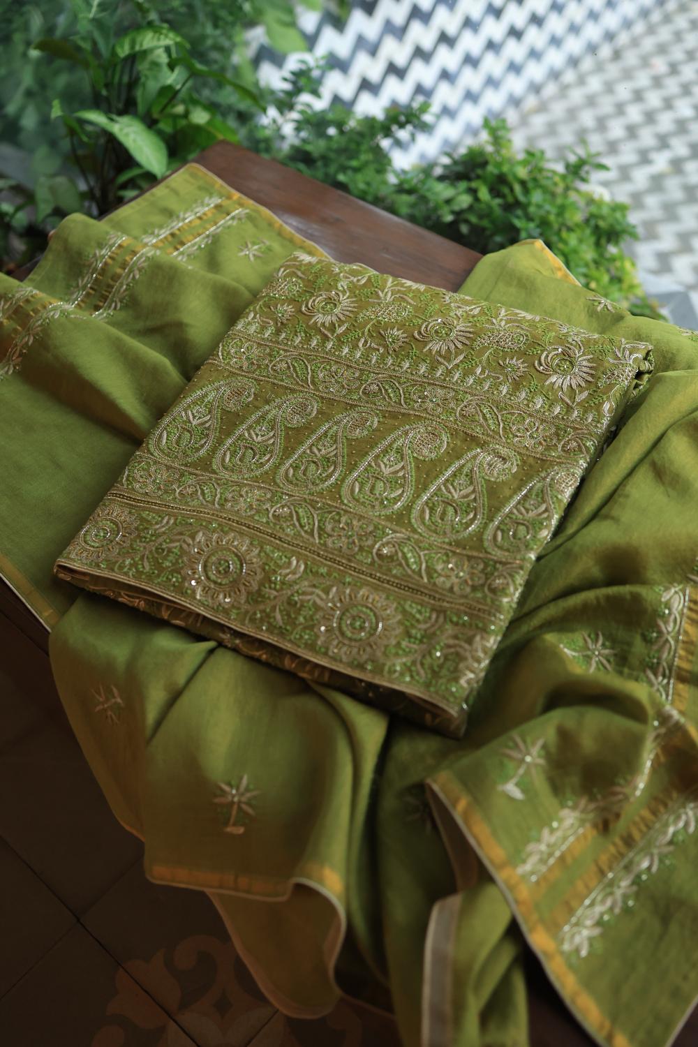 Green Tissue Silk Unstitched Fabric