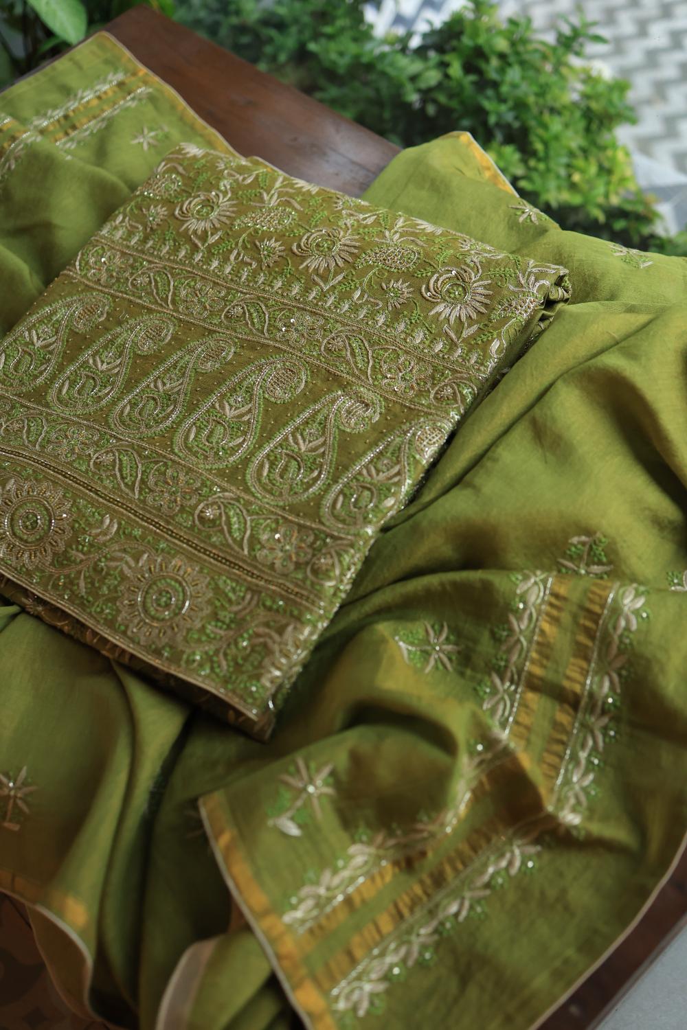 Green Tissue Silk Unstitched Fabric