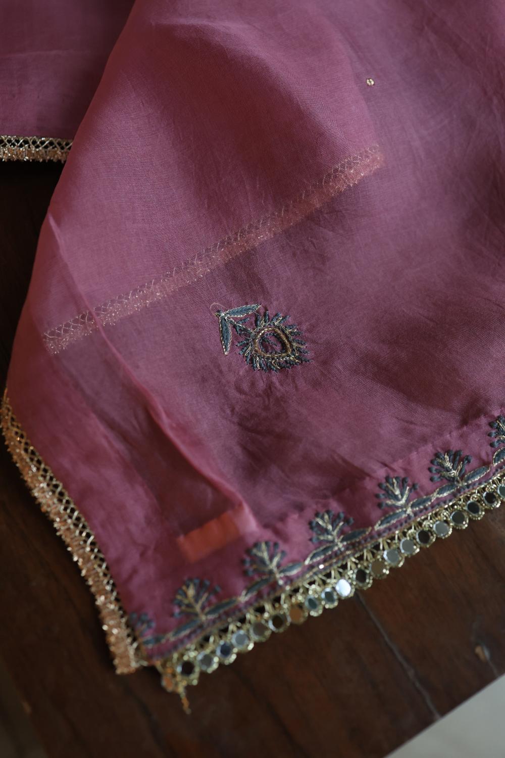Dusty Lavender Noor Organza Silk Chikankari Unstitched Kurta Dupatta Set