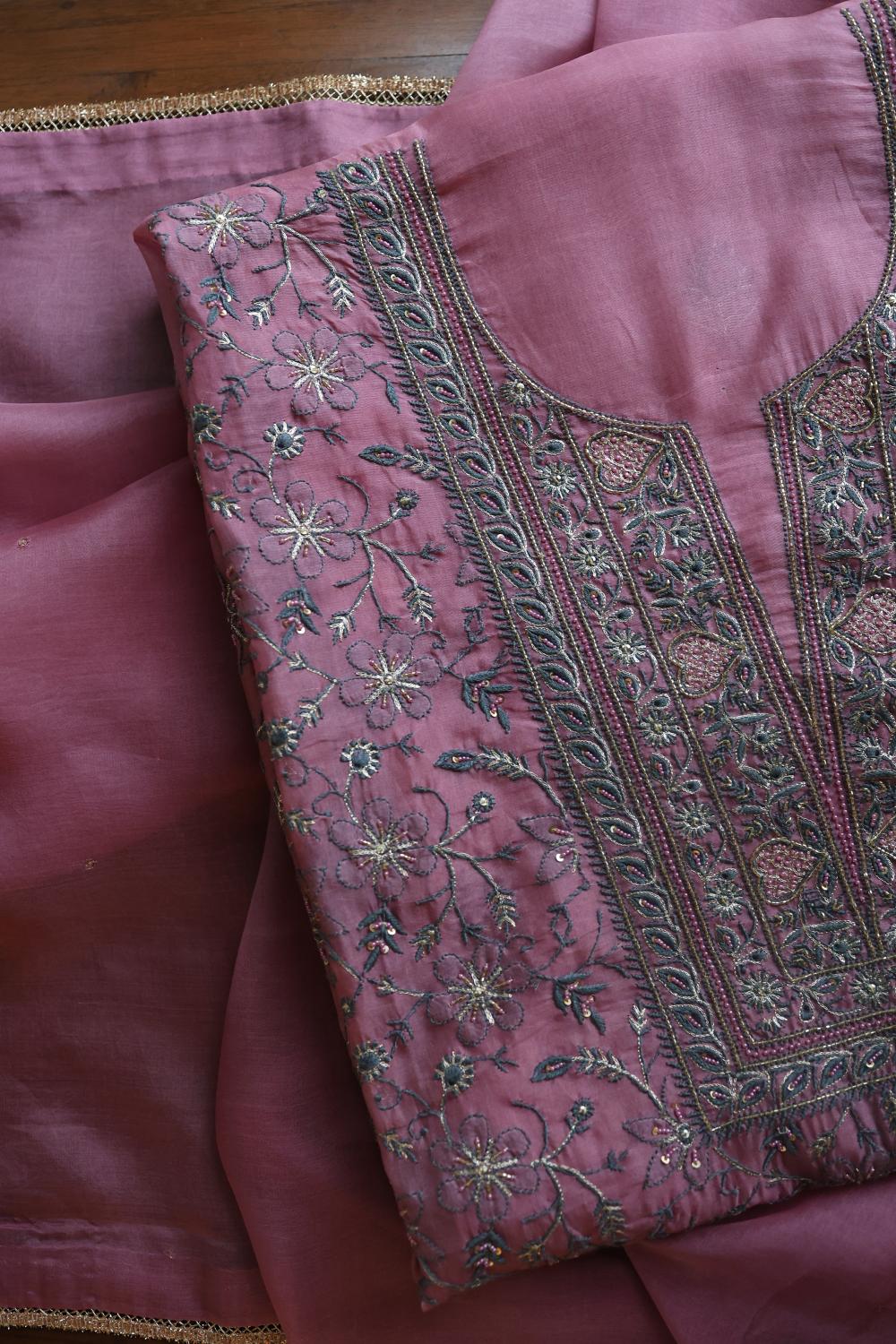 Dusty Lavender Noor Organza Silk Chikankari Unstitched Kurta Dupatta Set