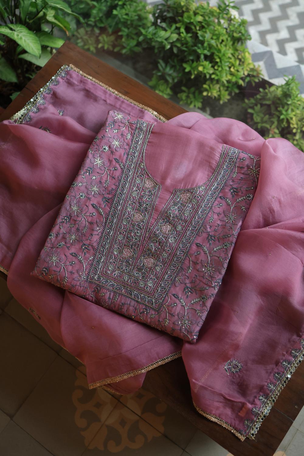 Dusty Lavender Noor Organza Silk Chikankari Unstitched Kurta Dupatta Set