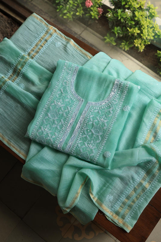 Sea Green Peach Malmals Pearl Work Chikankari Unstitched Fabrics