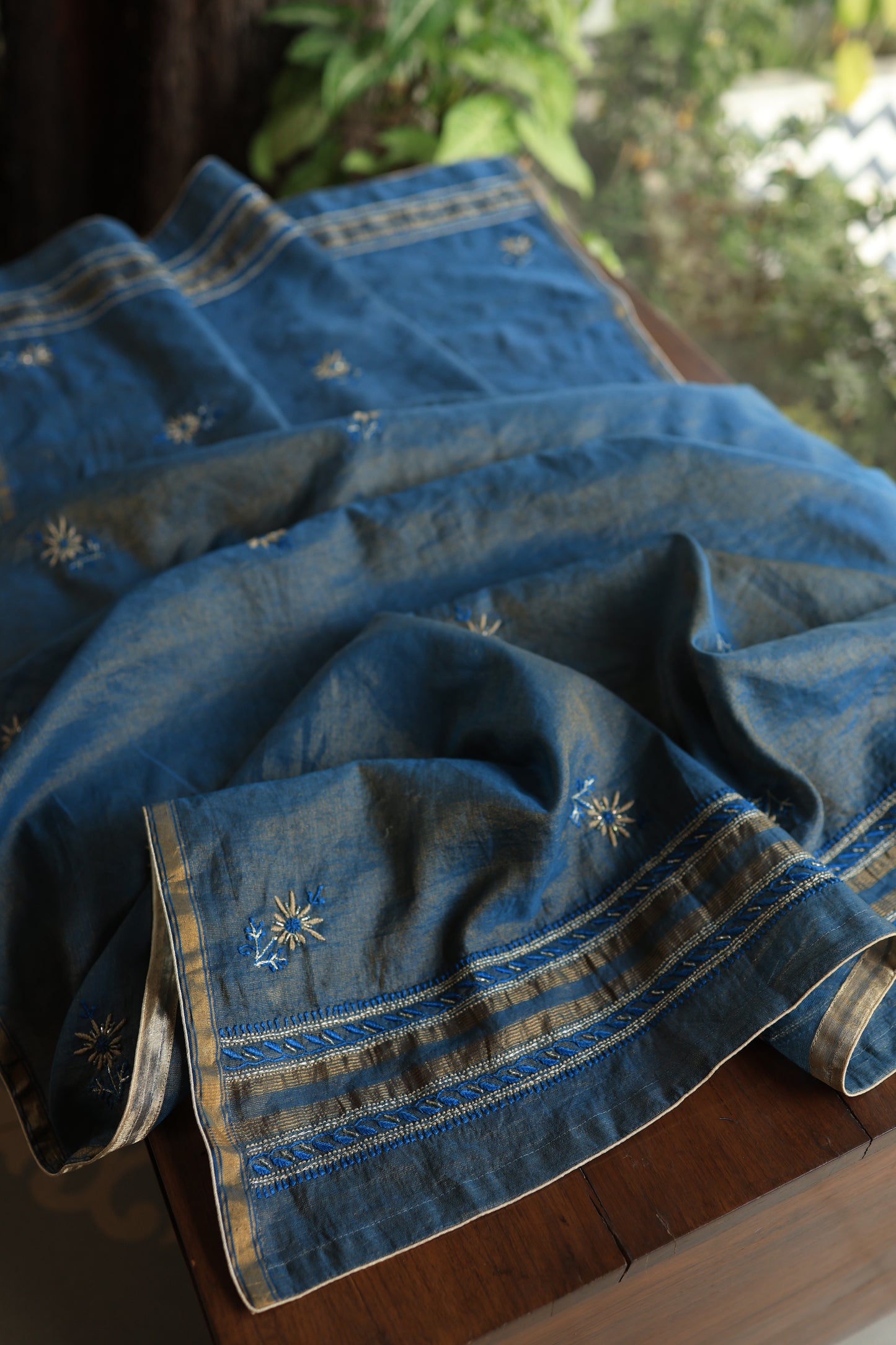 Blue Roheen Tissue Silk Chikankari Unstitched Fabrics