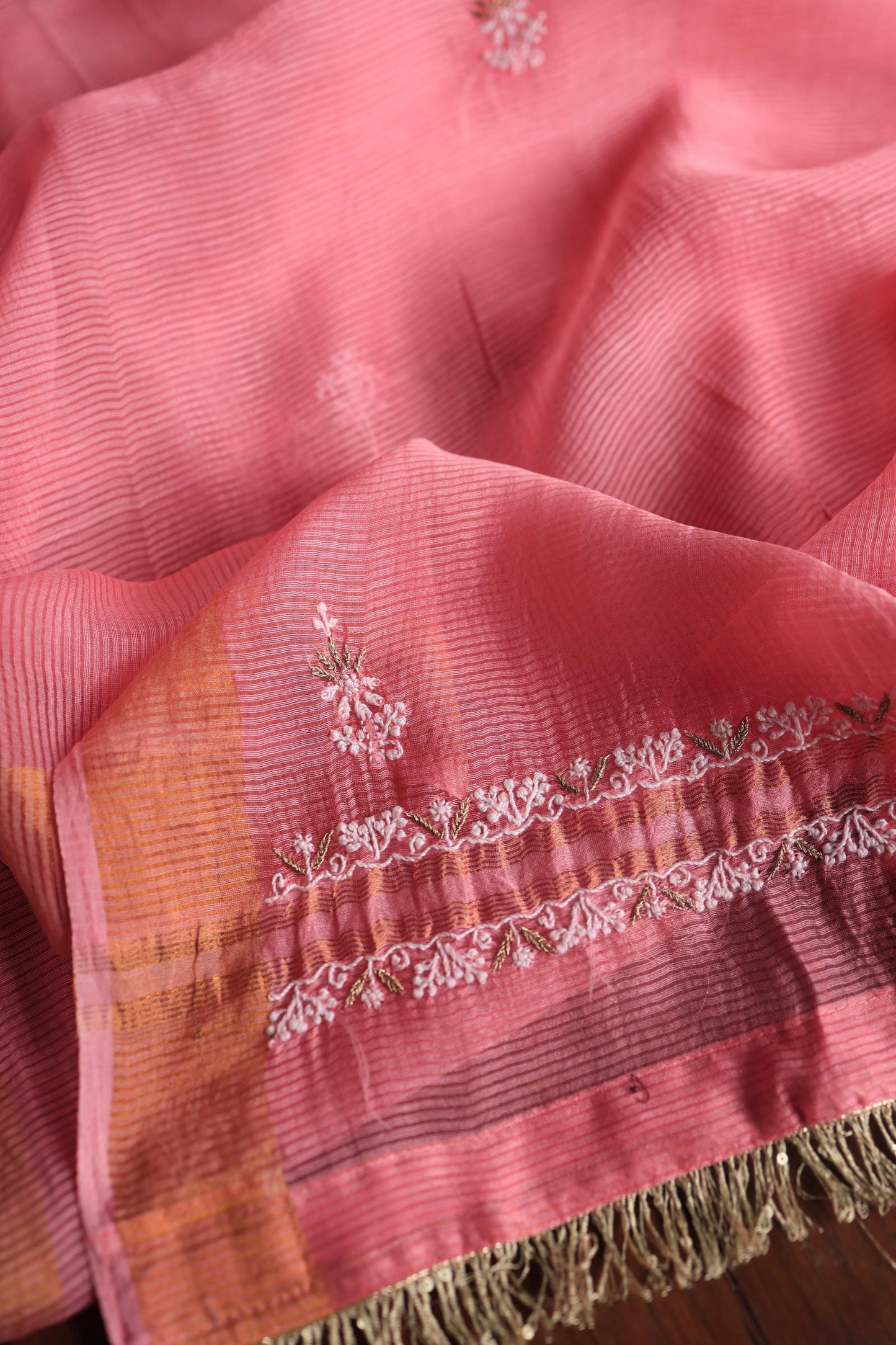 Rose Pink Shade Paper Tussar Resham Chikankari Unstitched Kurta Dupatta Set