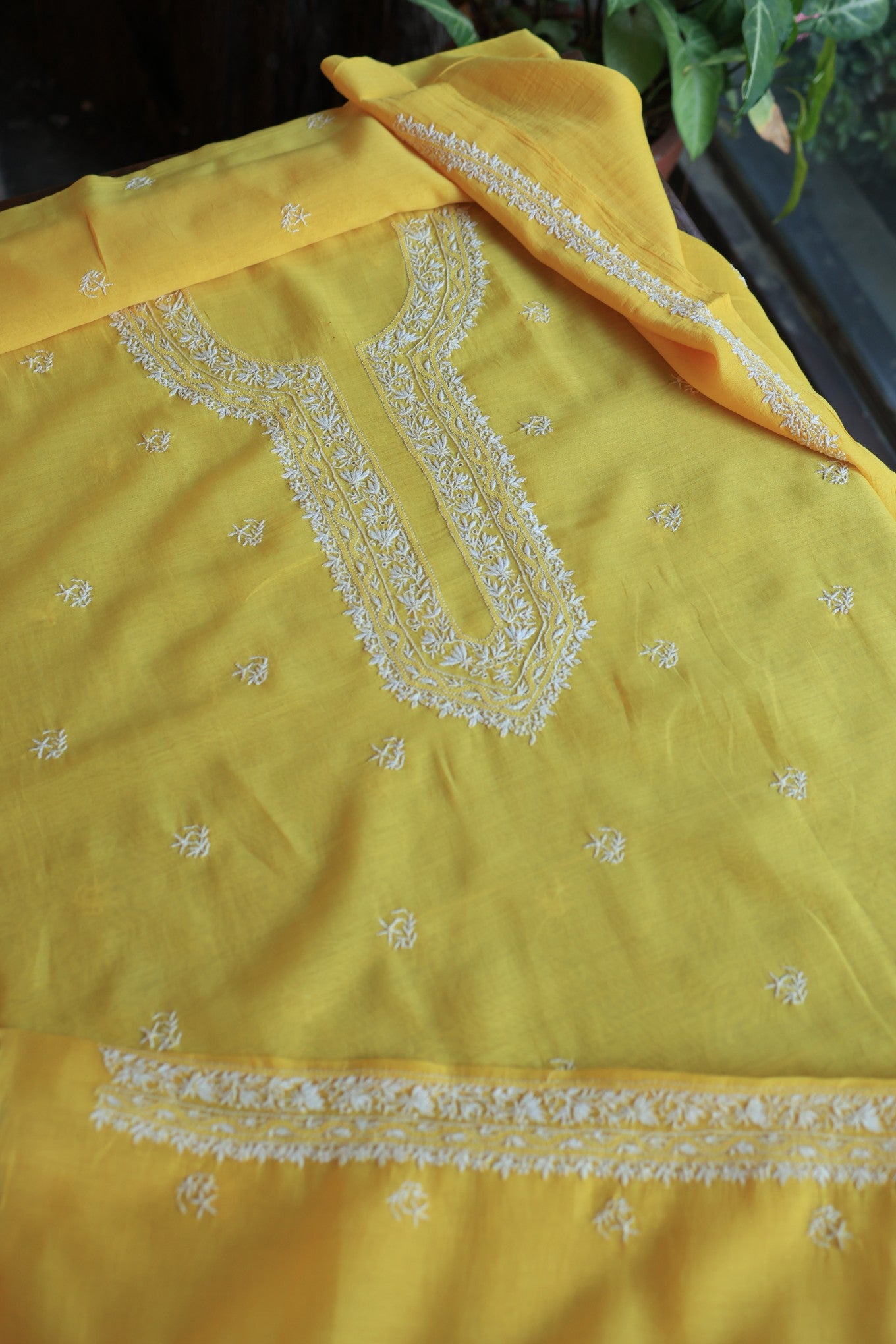 Yellow Mulmul Chikankari Unstitched Men's Kurtas Fabric
