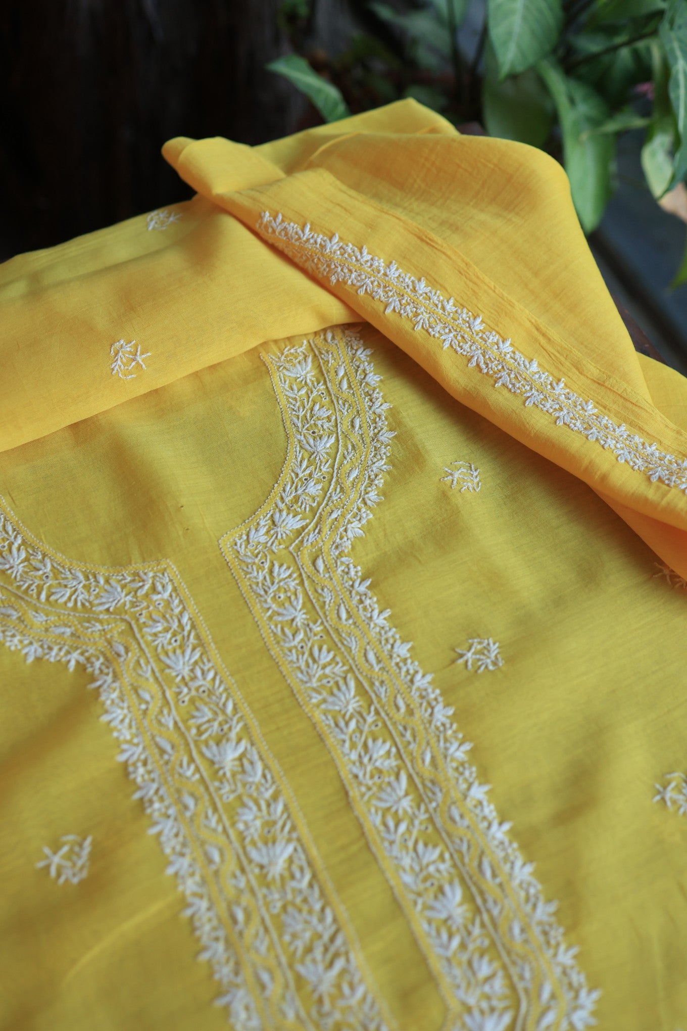 Yellow Mulmul Chikankari Unstitched Men's Kurtas Fabric