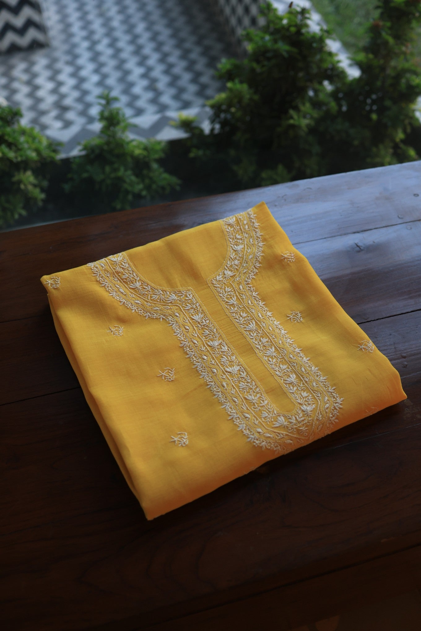 Yellow Mulmul Chikankari Unstitched Men's Kurtas Fabric