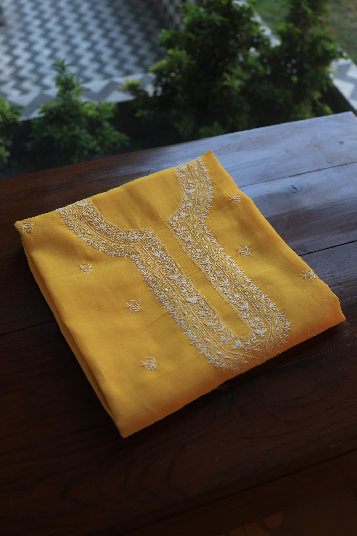 Yellow Mulmul Chikankari Unstitched Men's Kurtas Fabric