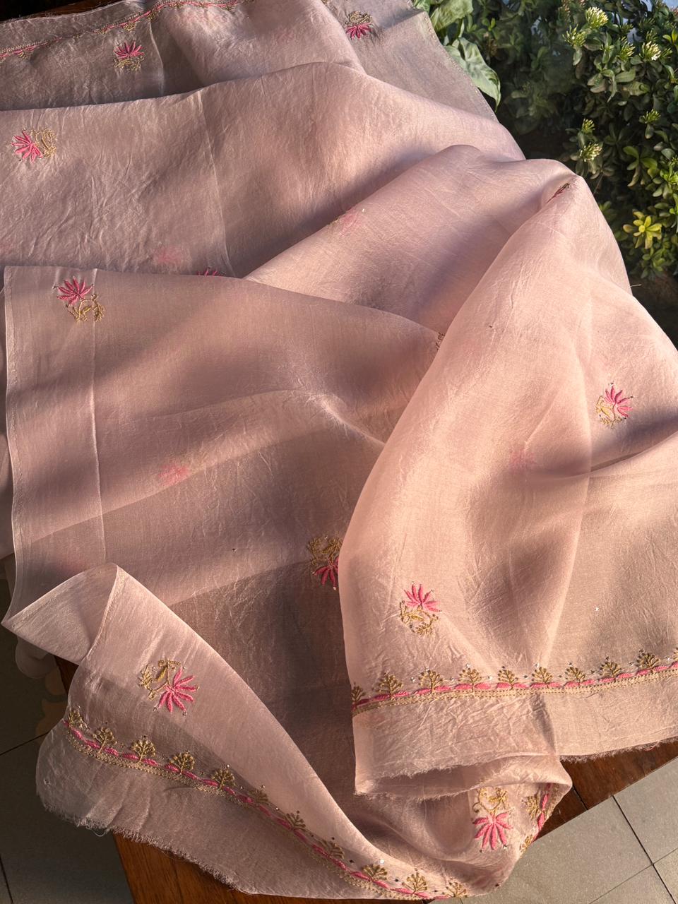 Almond Pink Shade Noor Organza Silk Chikankari Unstitched Fabric