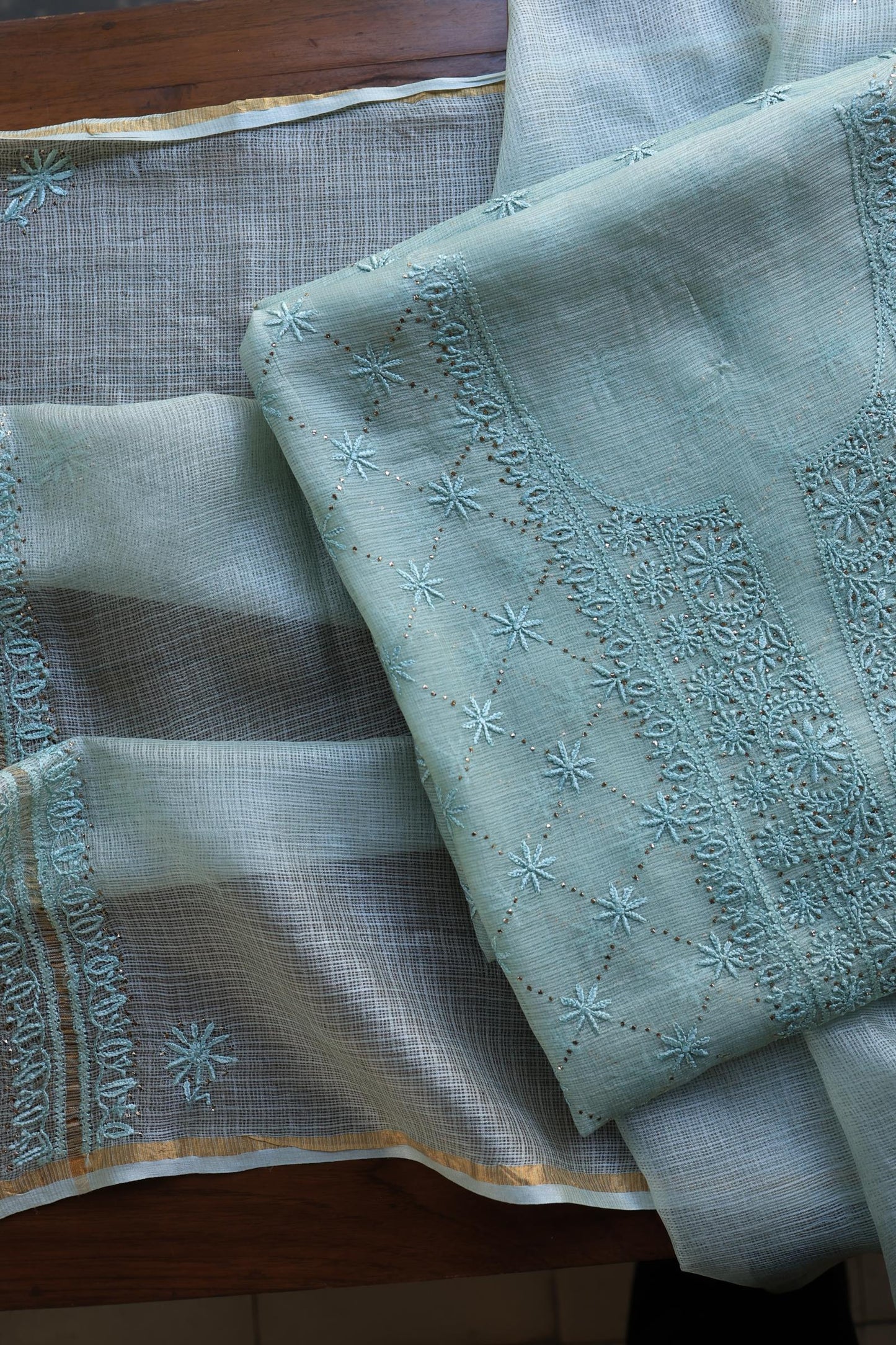 Aqua Blue Rasm Kota Tussar Chikankari Unstitched Chikankari Fabric