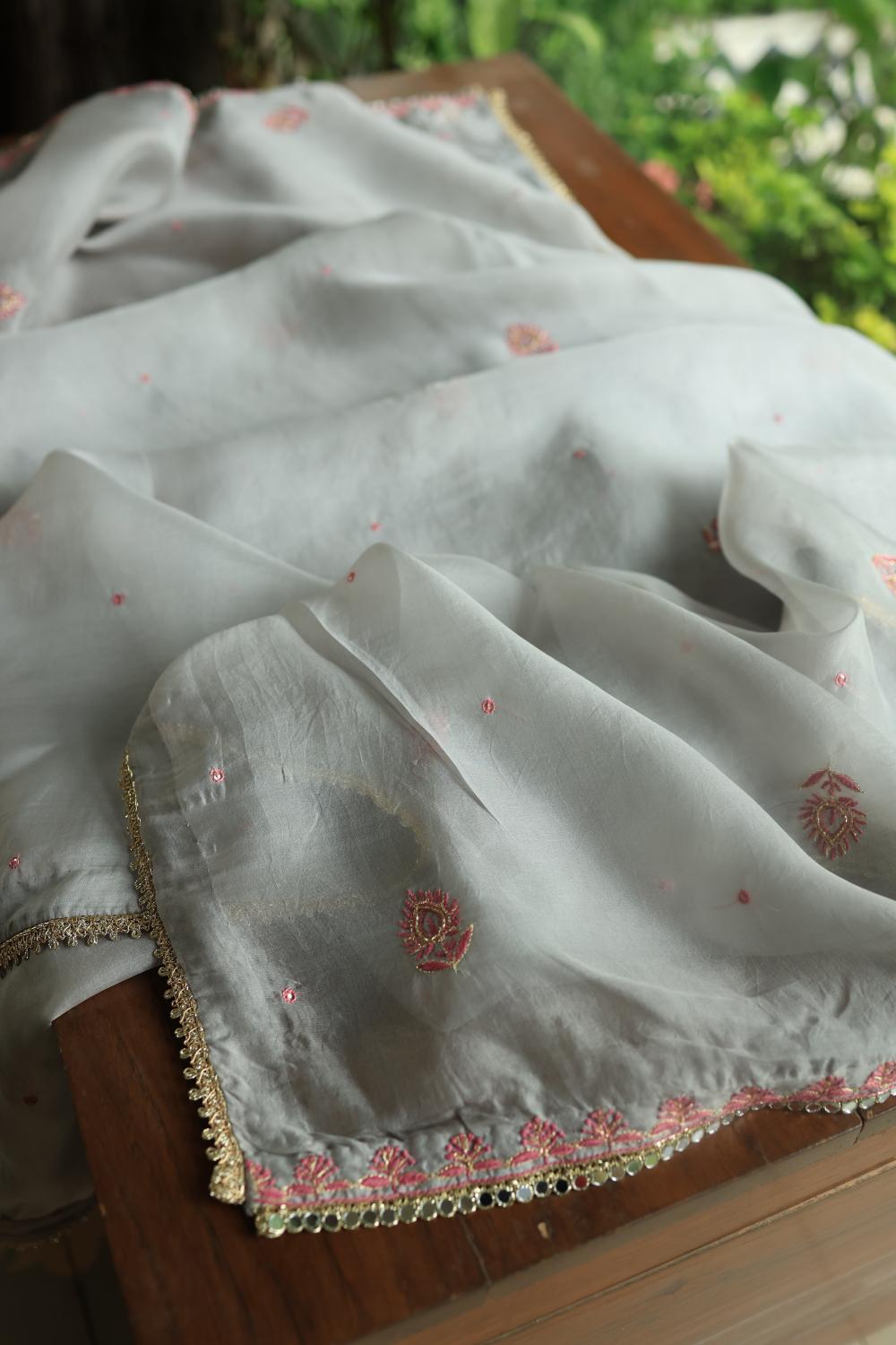 Ash Grey Shade Noor Organza Silk Chikankari Unstitched Kurta Dupatta Set