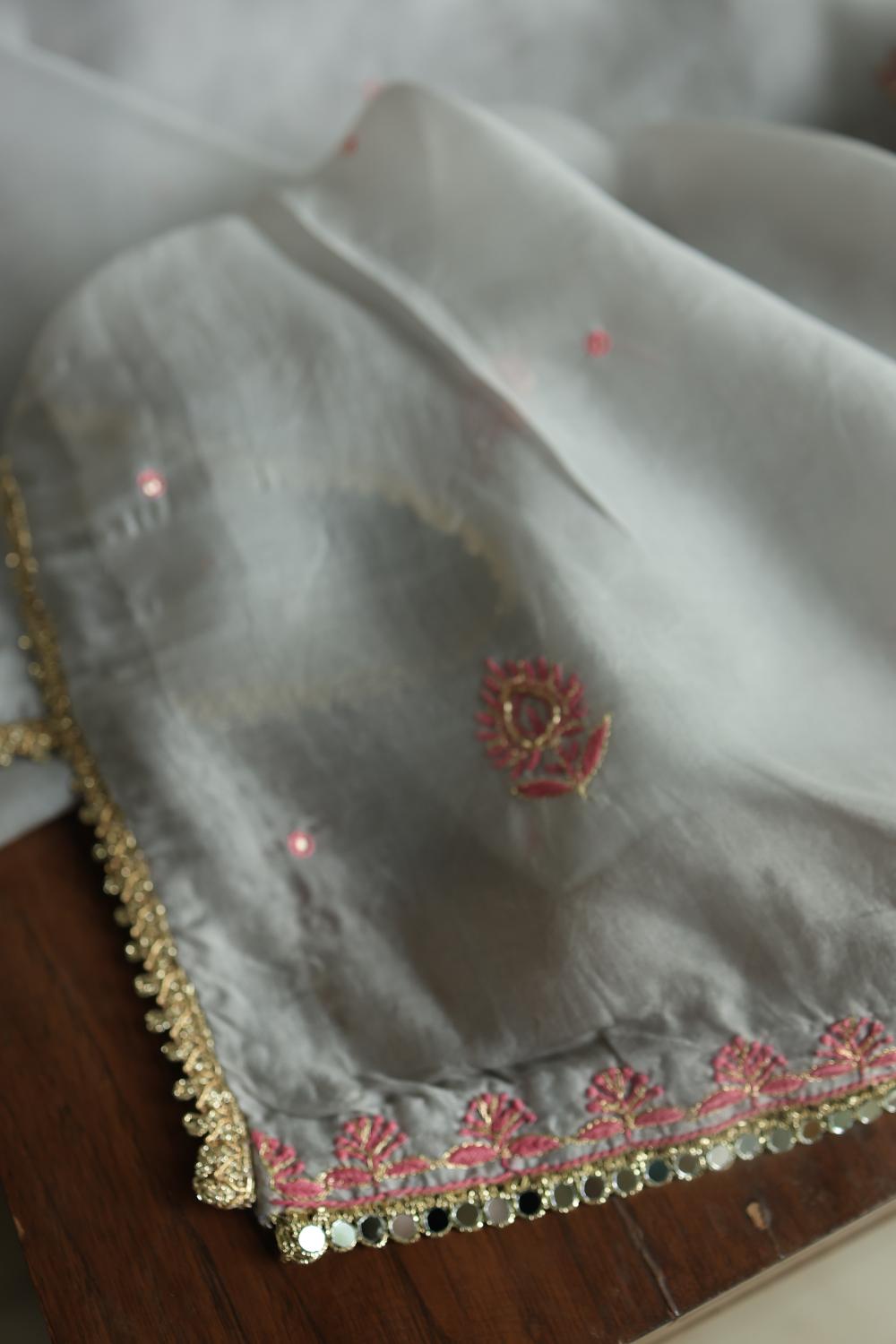 Ash Grey Shade Noor Organza Silk Chikankari Unstitched Kurta Dupatta Set