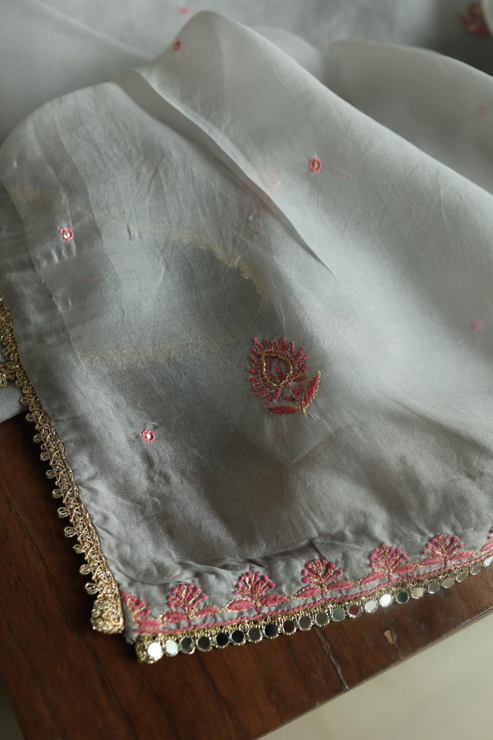 Ash Grey Shade Noor Organza Silk Chikankari Unstitched Kurta Dupatta Set