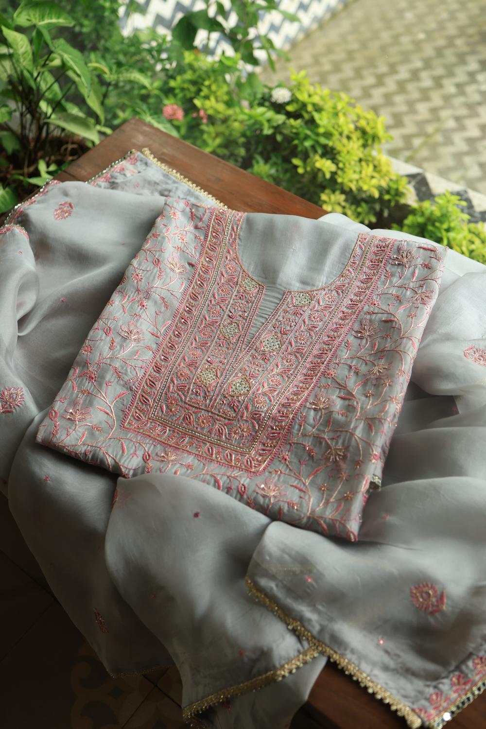 Ash Grey Shade Noor Organza Silk Chikankari Unstitched Kurta Dupatta Set