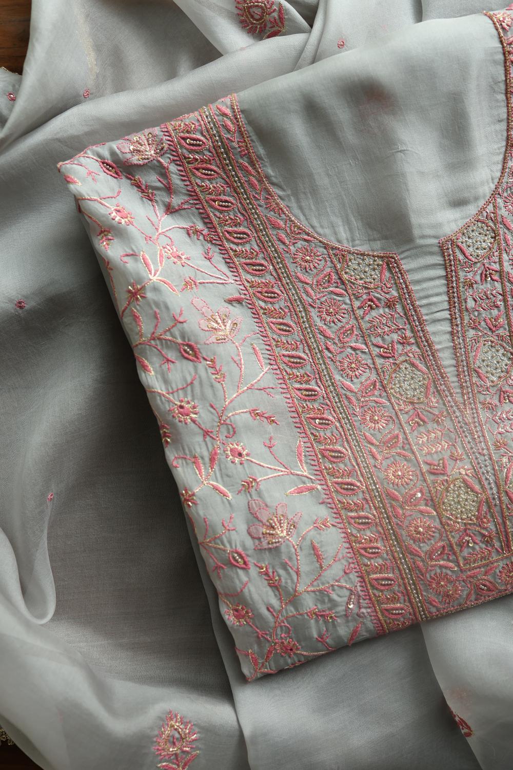 Ash Grey Shade Noor Organza Silk Chikankari Unstitched Kurta Dupatta Set
