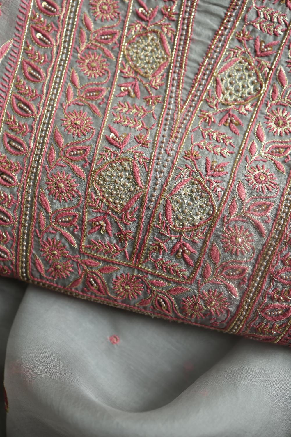 Ash Grey Shade Noor Organza Silk Chikankari Unstitched Kurta Dupatta Set
