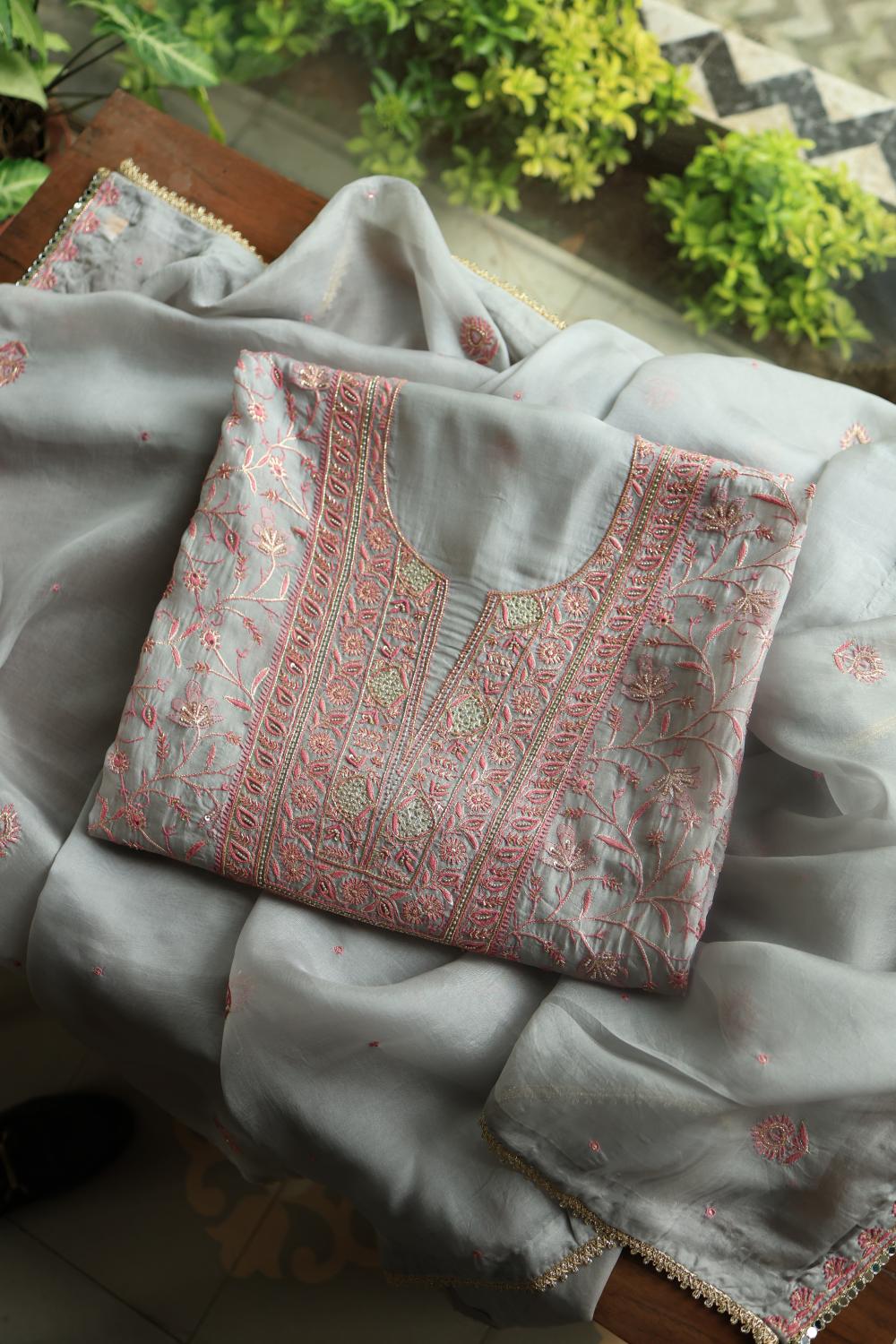 Ash Grey Shade Noor Organza Silk Chikankari Unstitched Kurta Dupatta Set