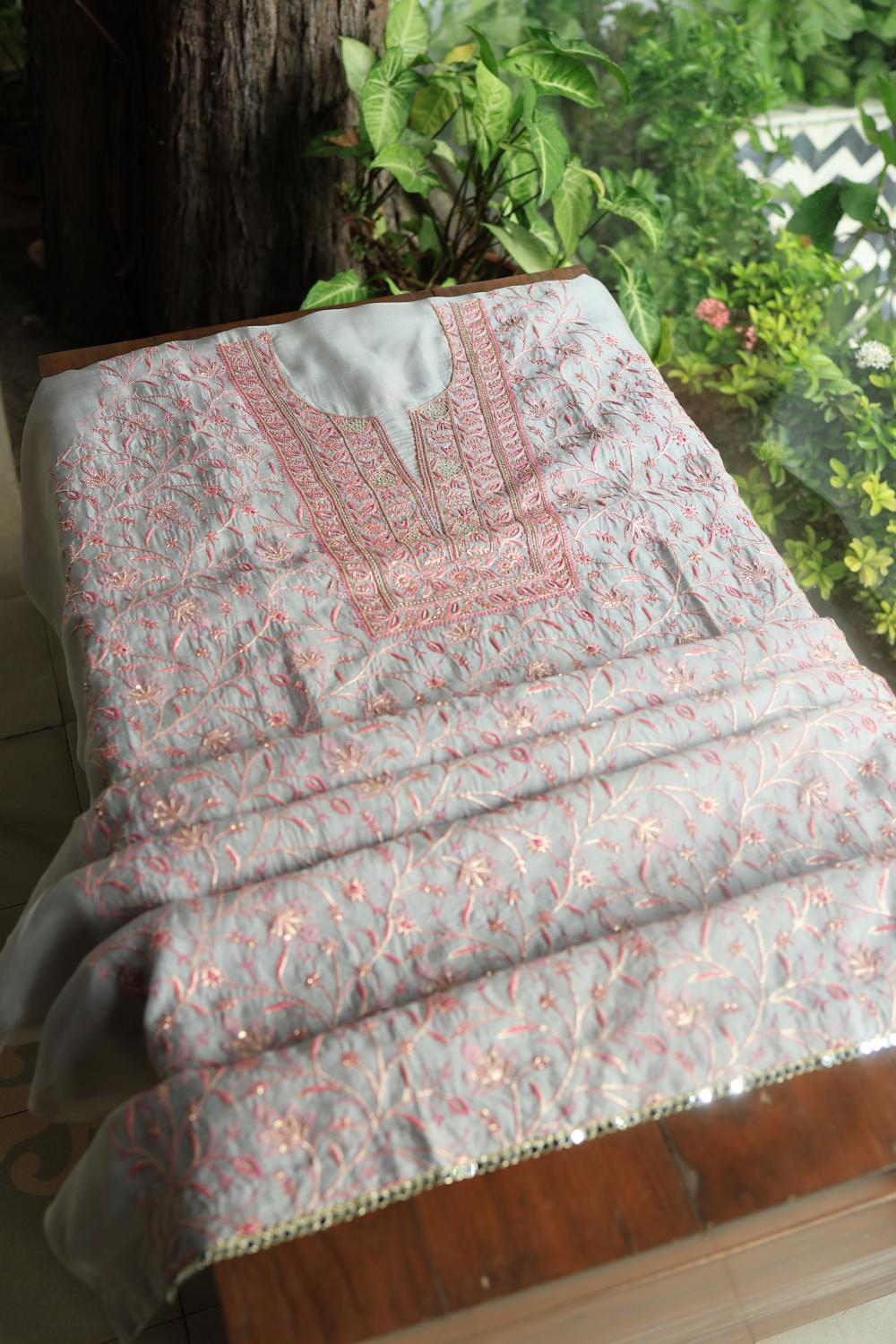 Ash Grey Shade Noor Organza Silk Chikankari Unstitched Kurta Dupatta Set