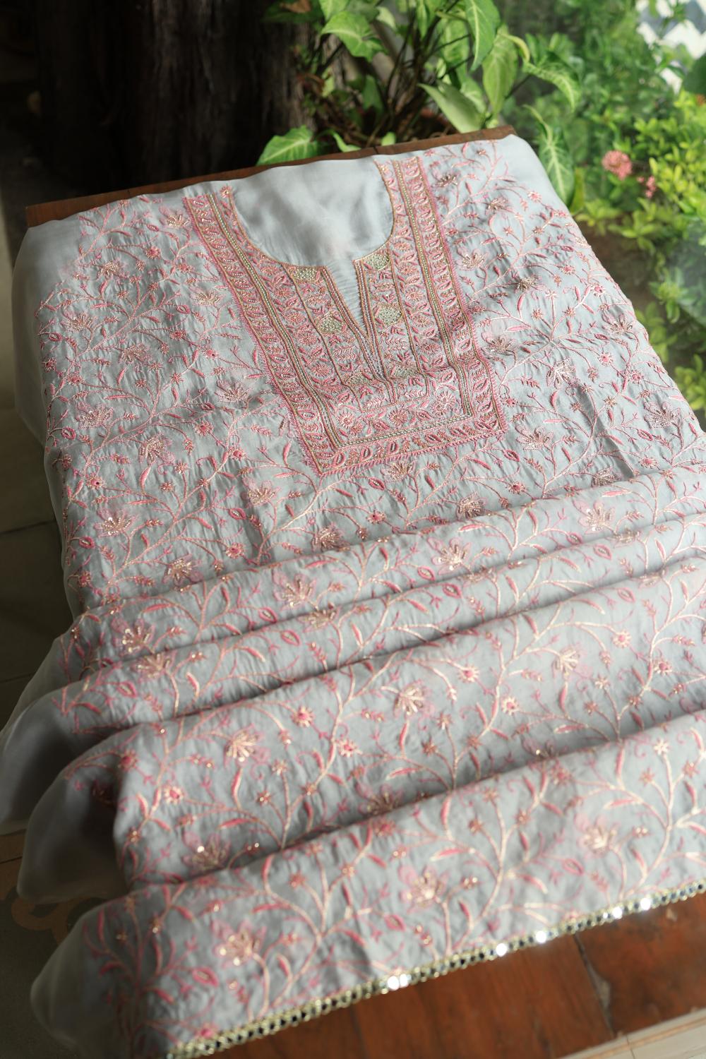 Ash Grey Shade Noor Organza Silk Chikankari Unstitched Kurta Dupatta Set