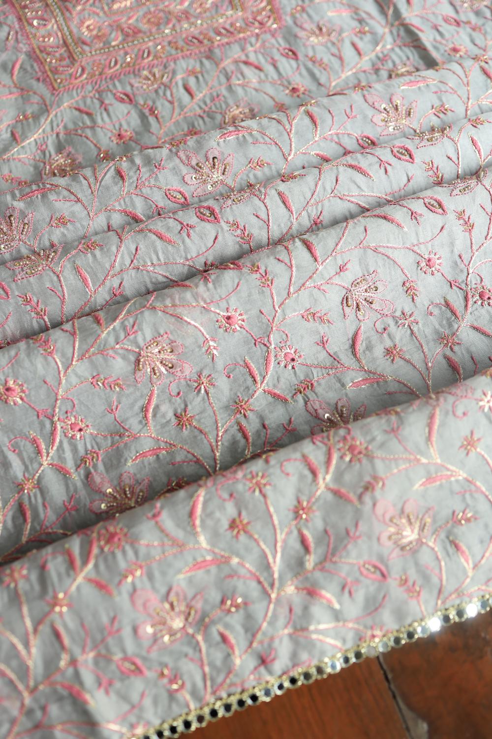 Ash Grey Shade Noor Organza Silk Chikankari Unstitched Kurta Dupatta Set