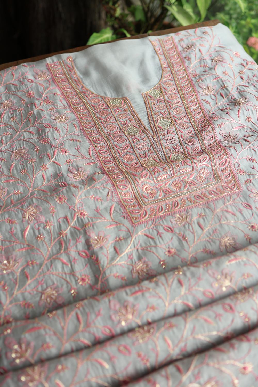 Ash Grey Shade Noor Organza Silk Chikankari Unstitched Kurta Dupatta Set