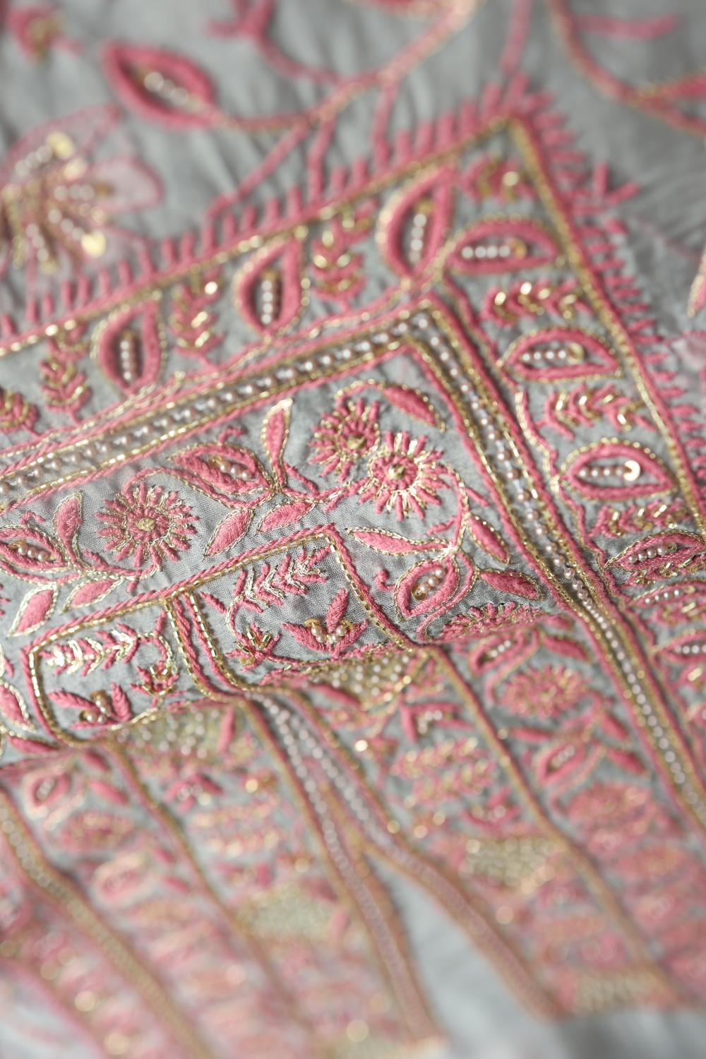 Ash Grey Shade Noor Organza Silk Chikankari Unstitched Kurta Dupatta Set