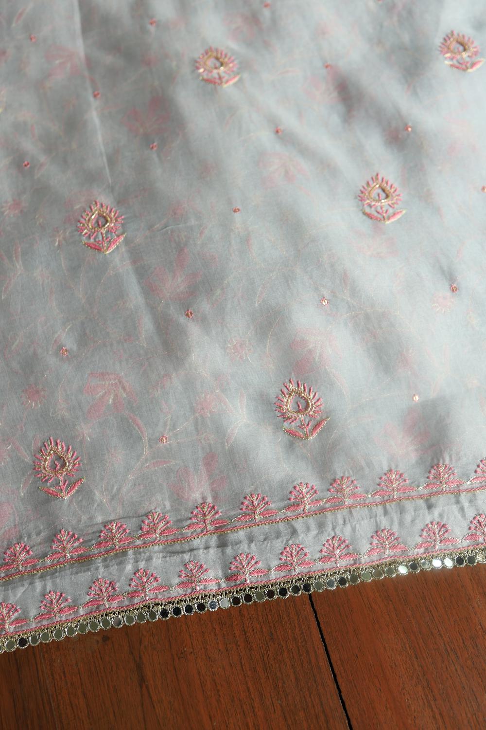 Ash Grey Shade Noor Organza Silk Chikankari Unstitched Kurta Dupatta Set