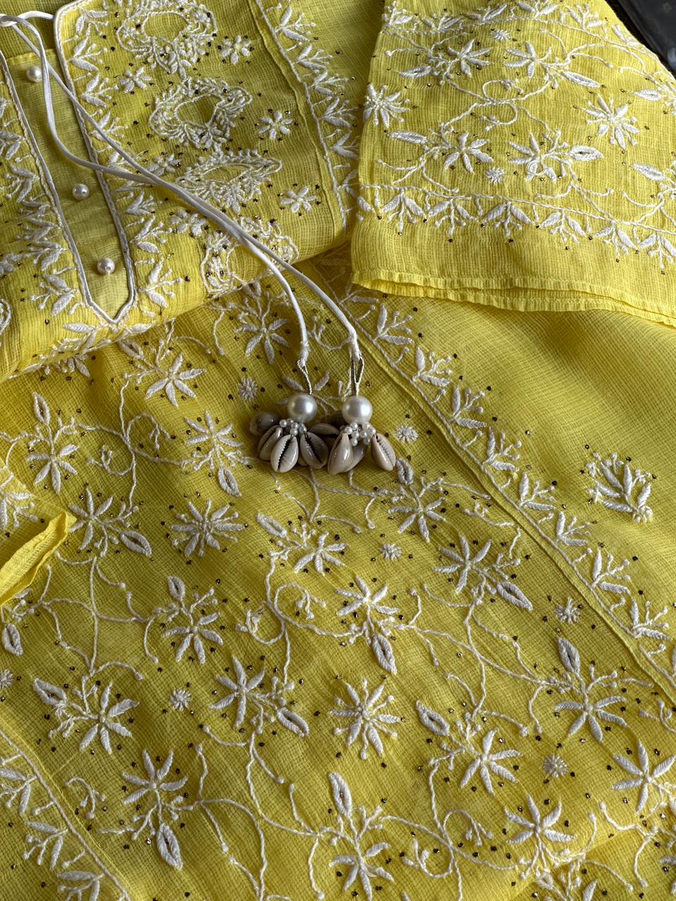 Avocado Yellow Shade Semi Stitched Kota Tepchi Chikankari Kurta Dupatta Set