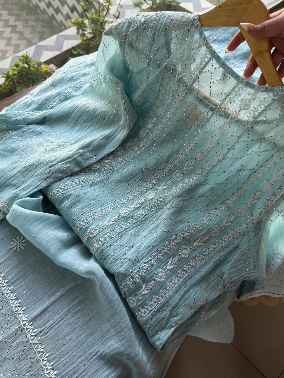 Baby Blue Mal Chanderi Mukaish Kamdani Chikankari Anarkali