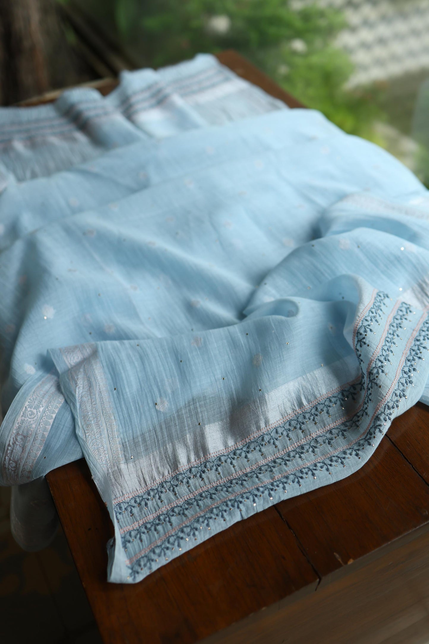Baby Blue Shade Shade Mal Cotton Fine Chikankari Unstitched Fabric