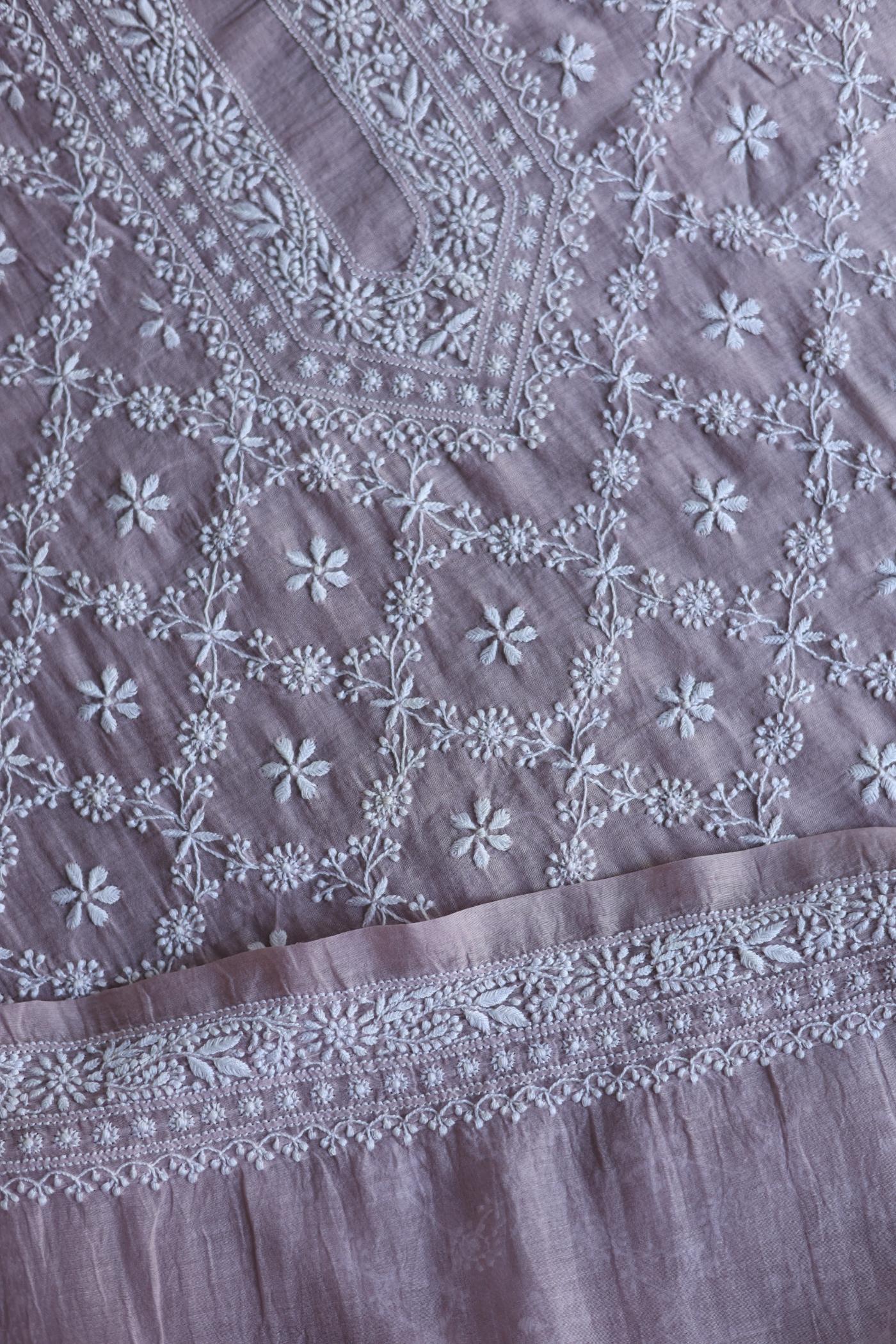 Baby Pink All Over Chikankari Malmal Unstitched Men's Kurtas Fabric