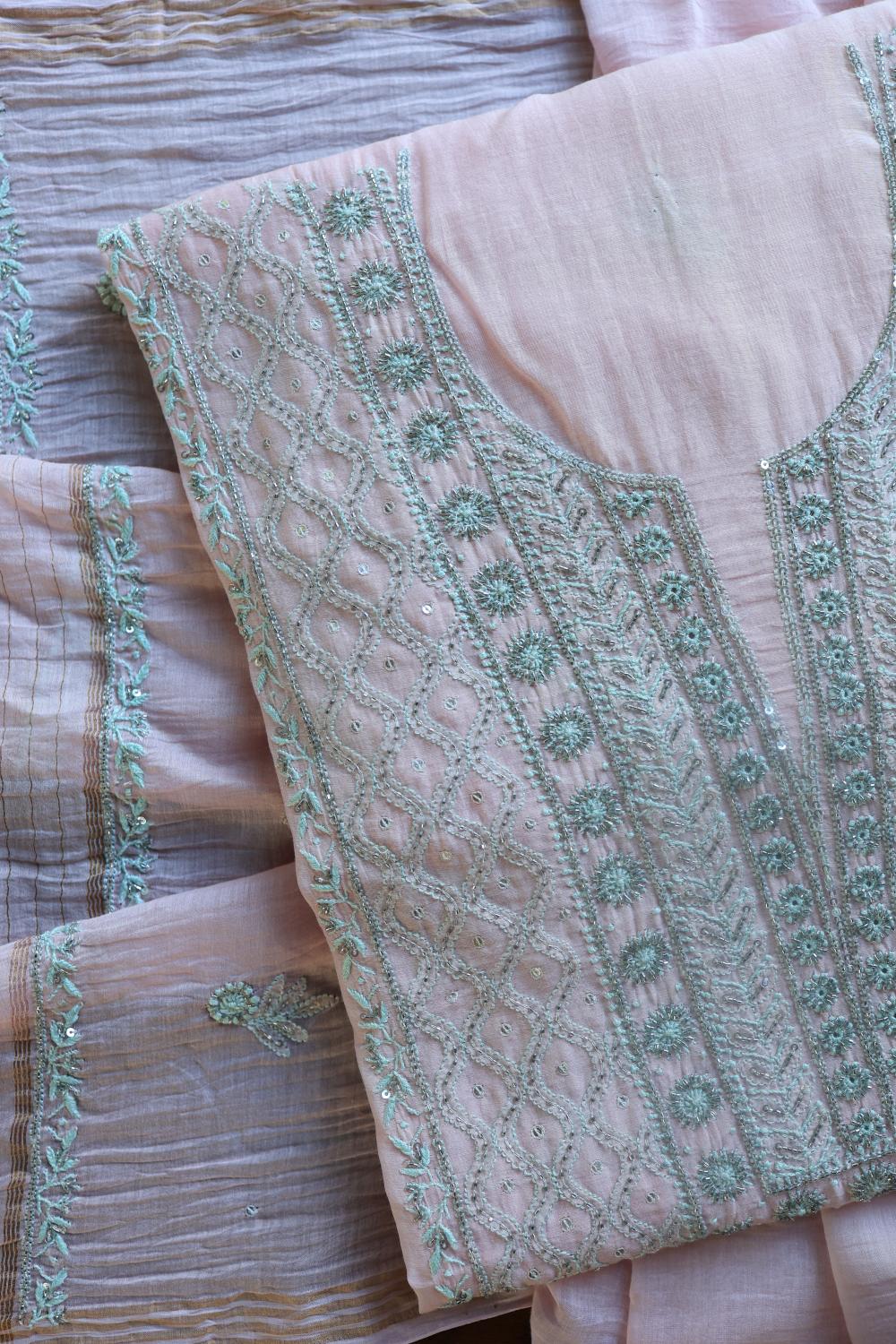 Baby Pink Mal Chanderi Silk Chikankari With Sequins Unstitched Kurta Dupatta Set