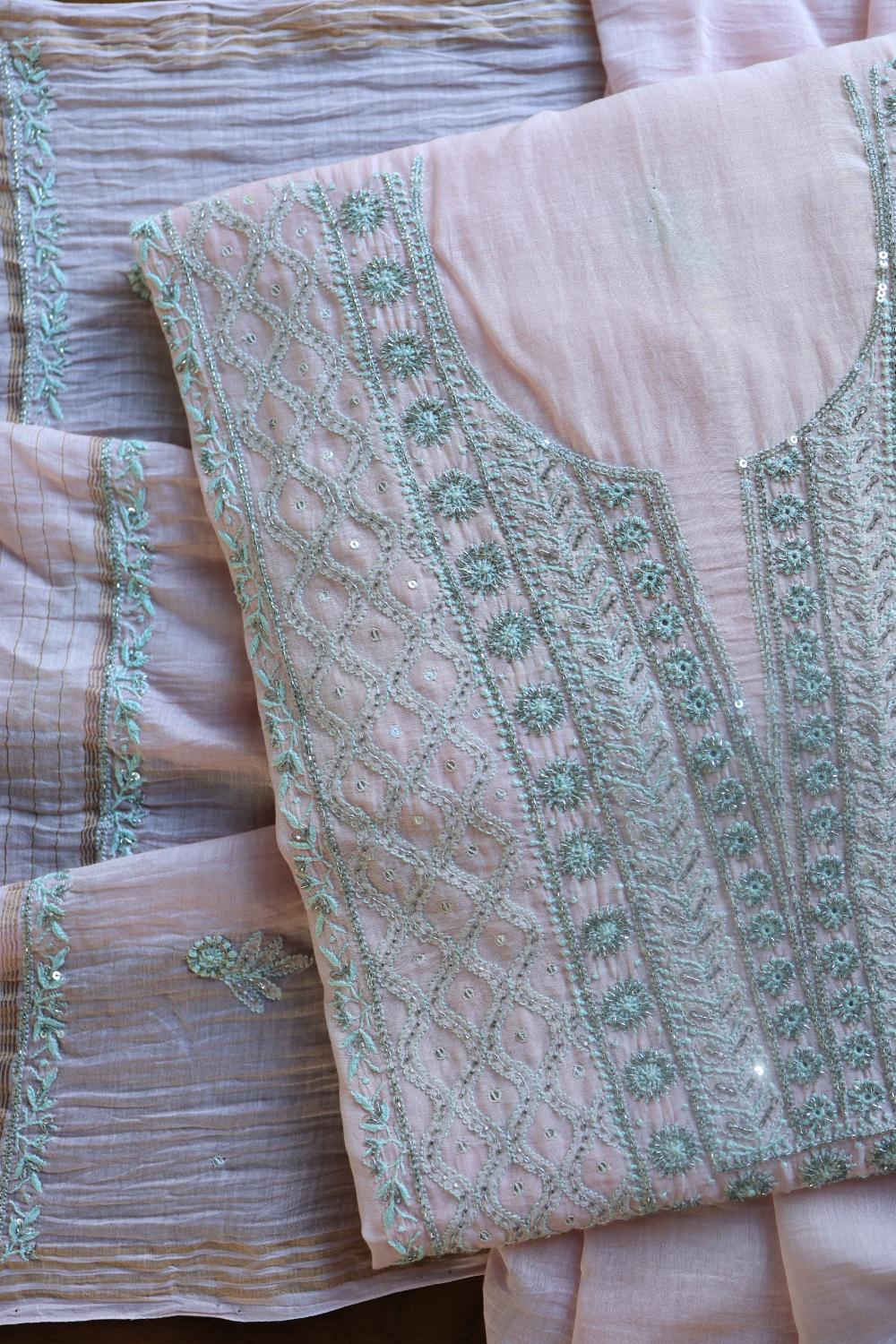 Baby Pink Mal Chanderi Silk Chikankari With Sequins Unstitched Kurta Dupatta Set