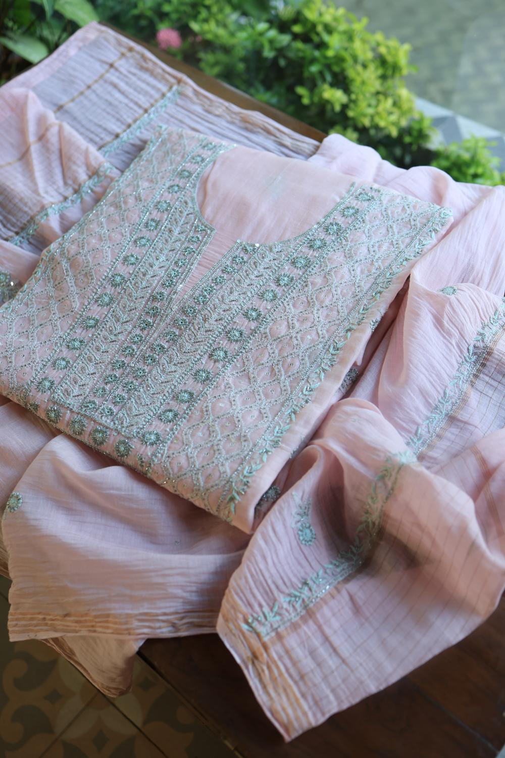 Baby Pink Mal Chanderi Silk Chikankari With Sequins Unstitched Kurta Dupatta Set