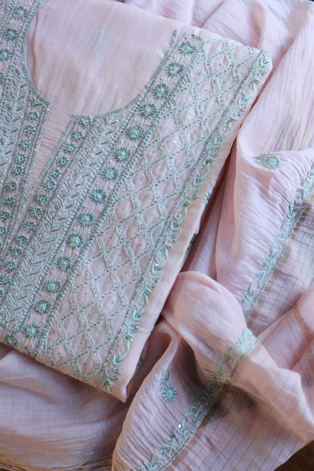 Baby Pink Mal Chanderi Silk Chikankari With Sequins Unstitched Kurta Dupatta Set