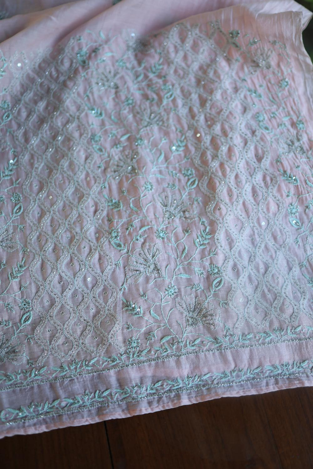 Baby Pink Mal Chanderi Silk Chikankari With Sequins Unstitched Kurta Dupatta Set