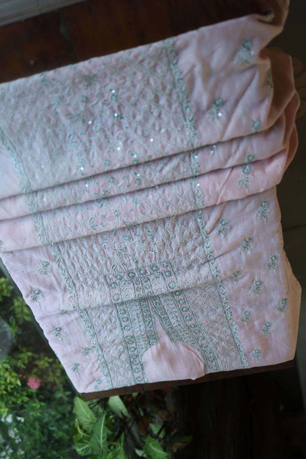 Baby Pink Mal Chanderi Silk Chikankari With Sequins Unstitched Kurta Dupatta Set