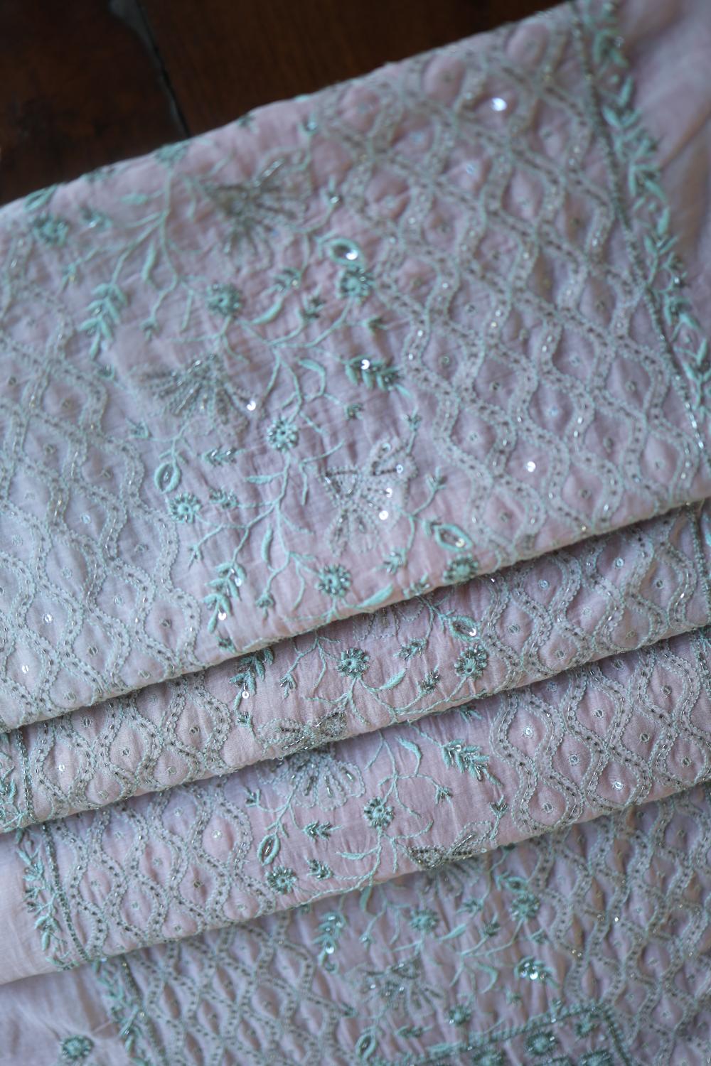 Baby Pink Mal Chanderi Silk Chikankari With Sequins Unstitched Kurta Dupatta Set