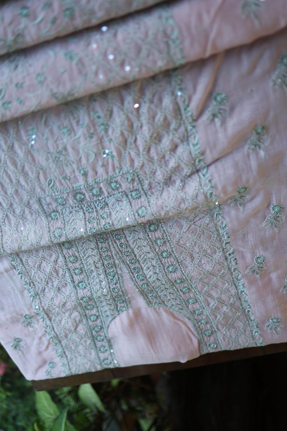 Baby Pink Mal Chanderi Silk Chikankari With Sequins Unstitched Kurta Dupatta Set