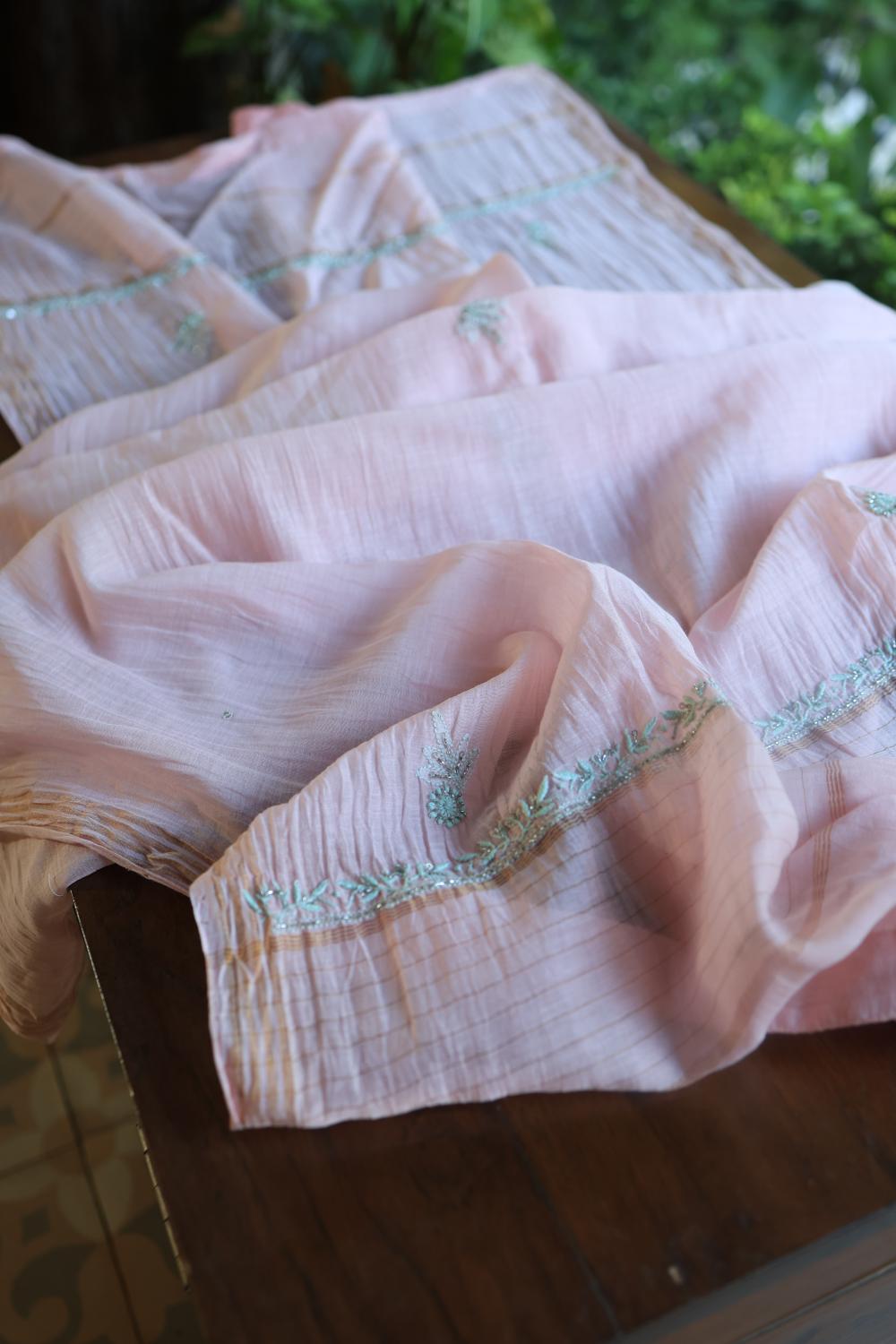 Baby Pink Mal Chanderi Silk Chikankari With Sequins Unstitched Kurta Dupatta Set