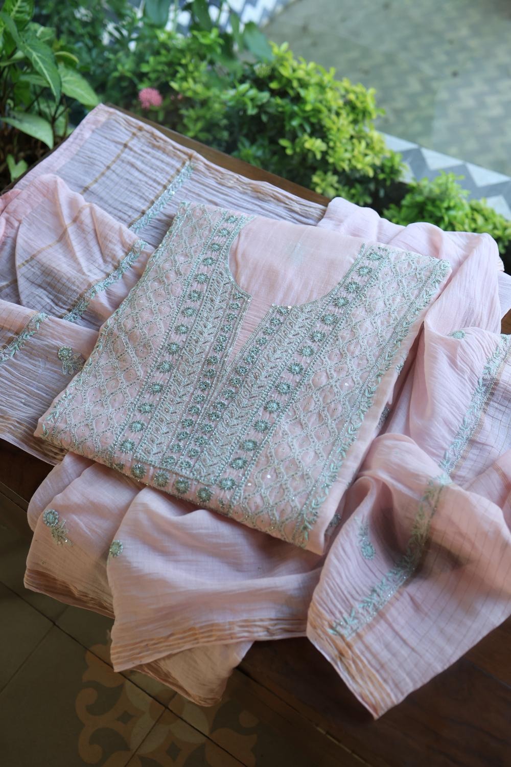 Baby Pink Mal Chanderi Silk Chikankari With Sequins Unstitched Kurta Dupatta Set