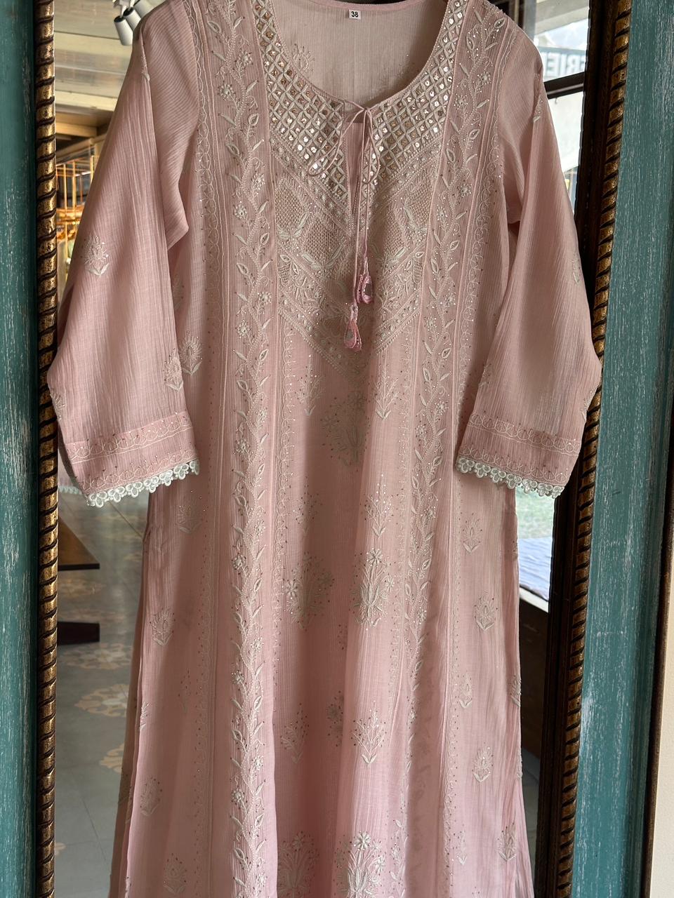 Baby Pink Malmal Mukaish Kamdani Chikankari Stitched Kurta Dupatta Set