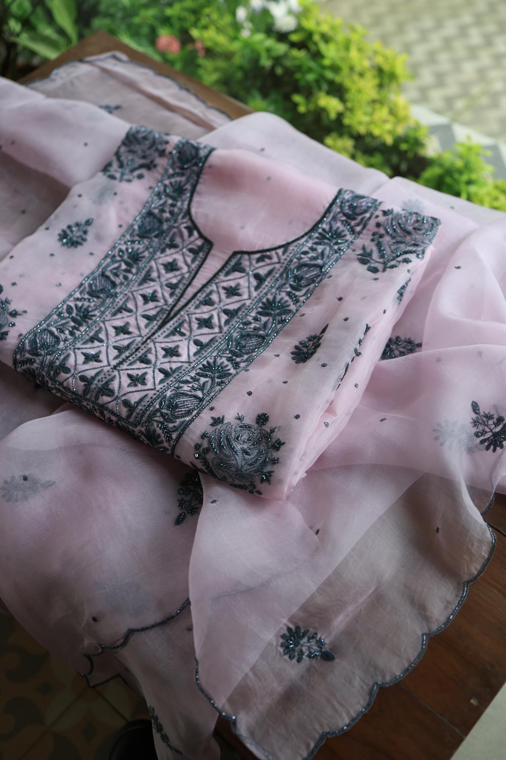 Baby Pink Noor Organza Silk Chikankari Unstitched Kurta Dupatta Set